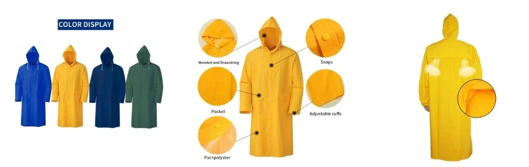 Fashion Design Waterproof Jacket Hooded PVC Polyester Long Raincoat