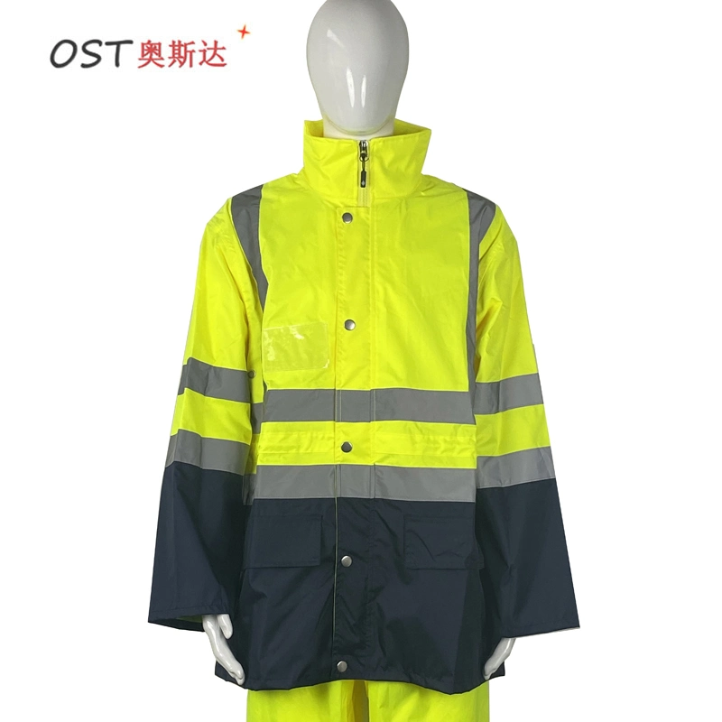 Custom En20471 Rainsuit Waterproof Rainwear Men PU Jacket Pants Clothing 150d Oxford Raincoat
