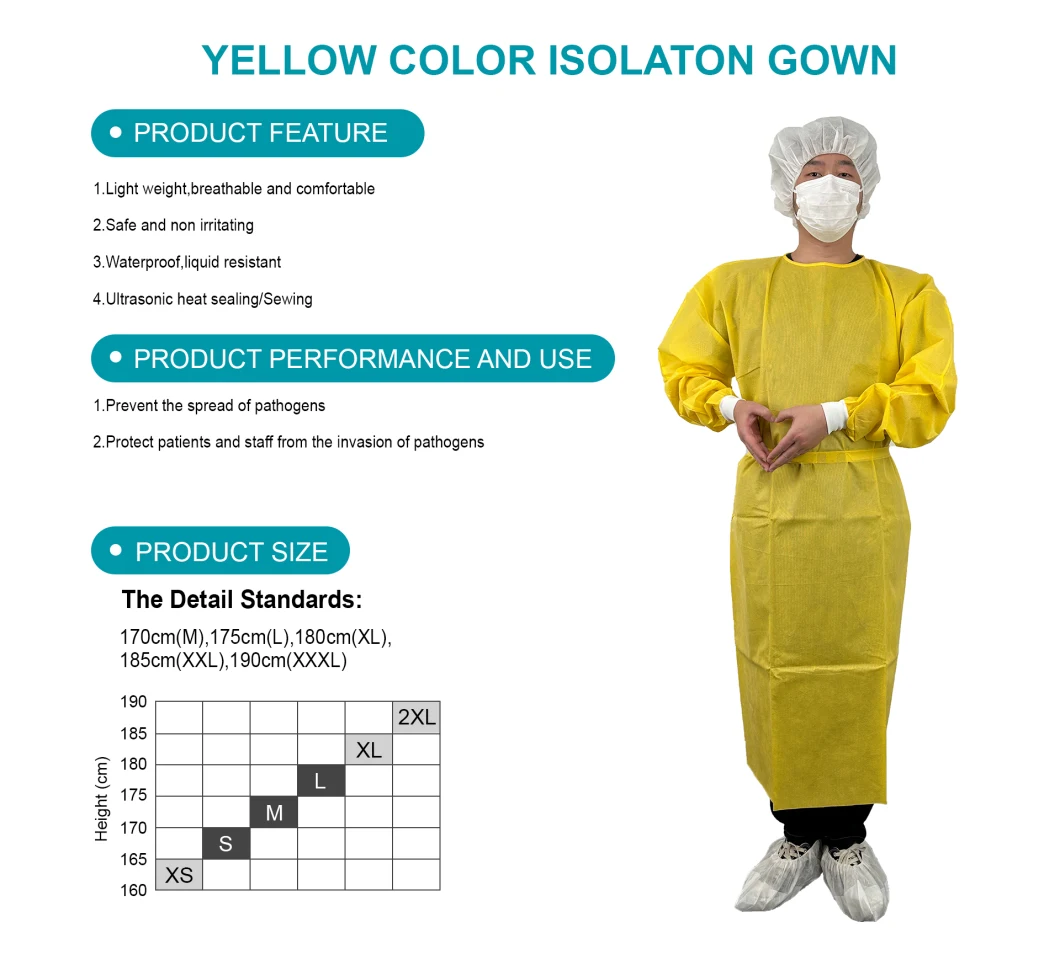 Yellow Color Waterproof PP+PE Disposable Gown with Elastic Cuffs