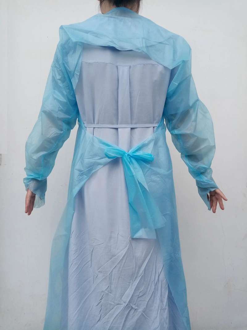 Long Sleeve Disposable Waterproof Non Woven Plastic Isolation Suit HDPE Disposable Apron CPE Protective Gown with Thumb Loop