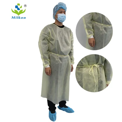 Yellow Color Waterproof PP+PE Disposable Gown with Elastic Cuffs