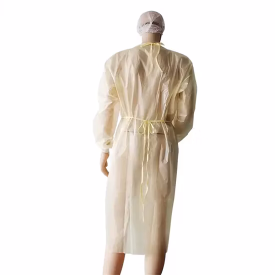 Yellow Color Waterproof PP+PE Disposable Gown with Elastic Cuffs