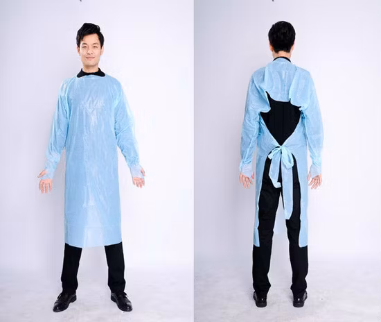 Long Sleeve Disposable Waterproof Non Woven Plastic Isolation Suit HDPE Disposable Apron CPE Protective Gown with Thumb Loop